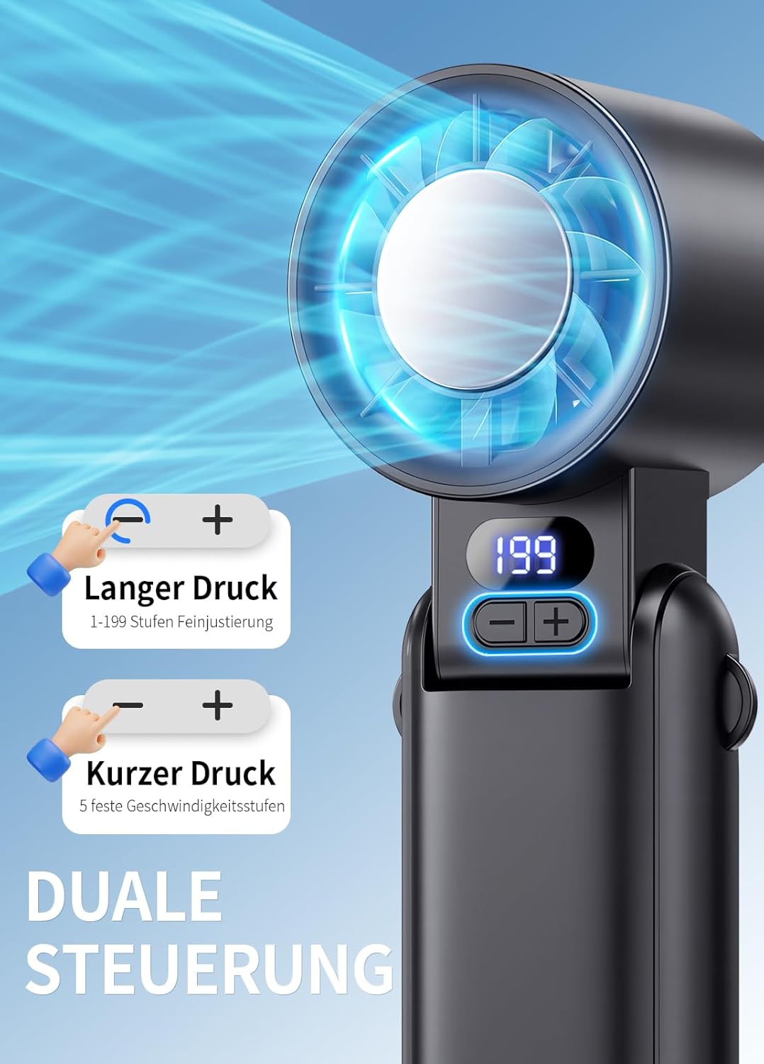 Handventilator Akku aufladbar mit LED-Display & Clip, 1-199 Stufen, 3-in-1 Ventilator für Hand, Nack