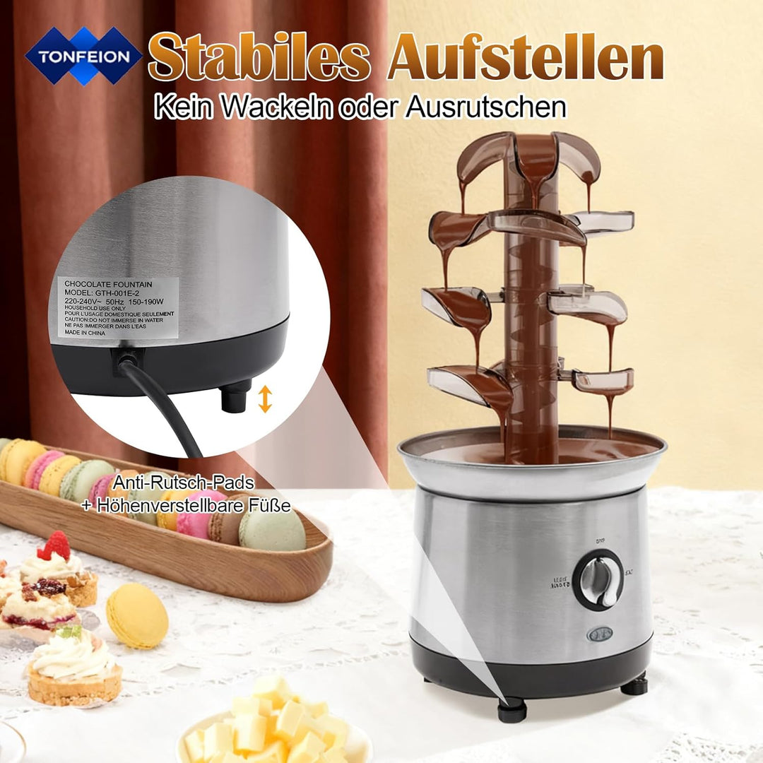 Schokobrunnen Edelstahl - 4 Etagen, 190W Schokoladenbrunnen mit Temperaturregelung, 1.2L Kapazität,