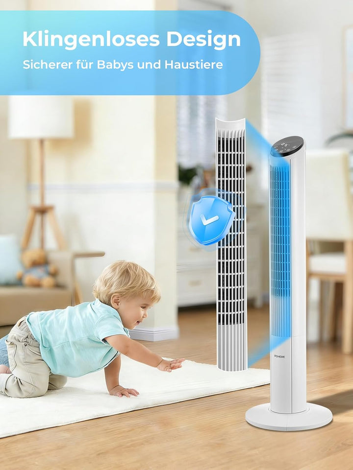 FOHERE Turmventilator 102cm, 12 Stufen Standventilator mit Fernbedienung, 32dB Sehr Leiser, Oszillie