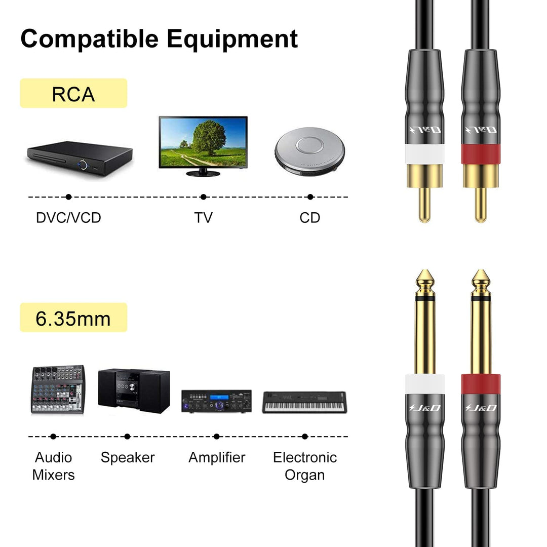 J&D Dual 6,35 mm zu 2RCA Kabel, Heavy Duty 1/4 Männlich auf Cinch Männlich Adapter Stereo Audio Inte