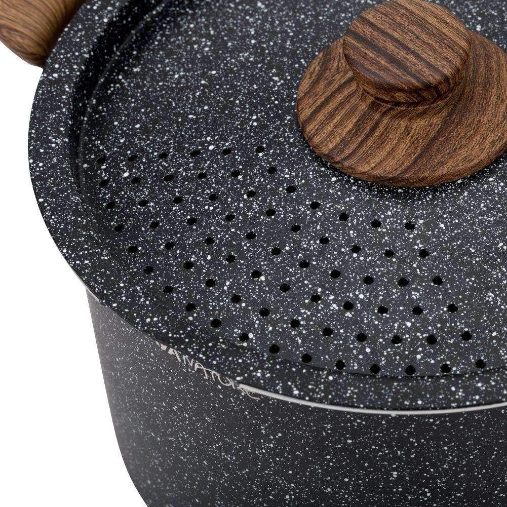 NAVA Kochtopf | 22 cm, 5L | Deckel mit Abseihfunktion | Granitbeschichtung | Für Gasherd und Indukti