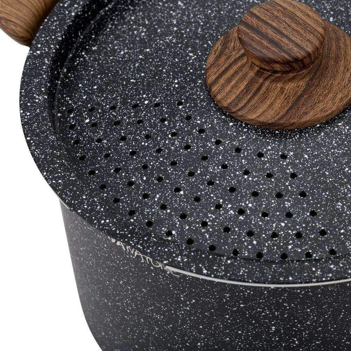 NAVA Kochtopf | 22 cm, 5L | Deckel mit Abseihfunktion | Granitbeschichtung | Für Gasherd und Indukti