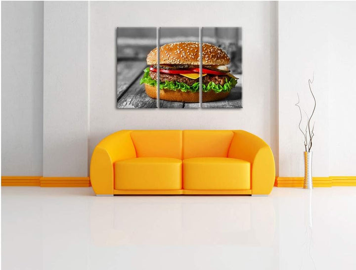 Pixxprint appetitlicher Cheeseburger als Leinwandbild | Grösse: 3 Teilig (120x80) | Wandbild| Kunstd