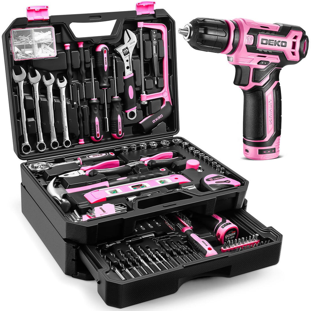 Akku-Bohrmaschinen-Werkzeug-Set: DEKO 12 V rosa Bohrmaschine 238 Stück Werkzeugkoffer mit Akku Elekt