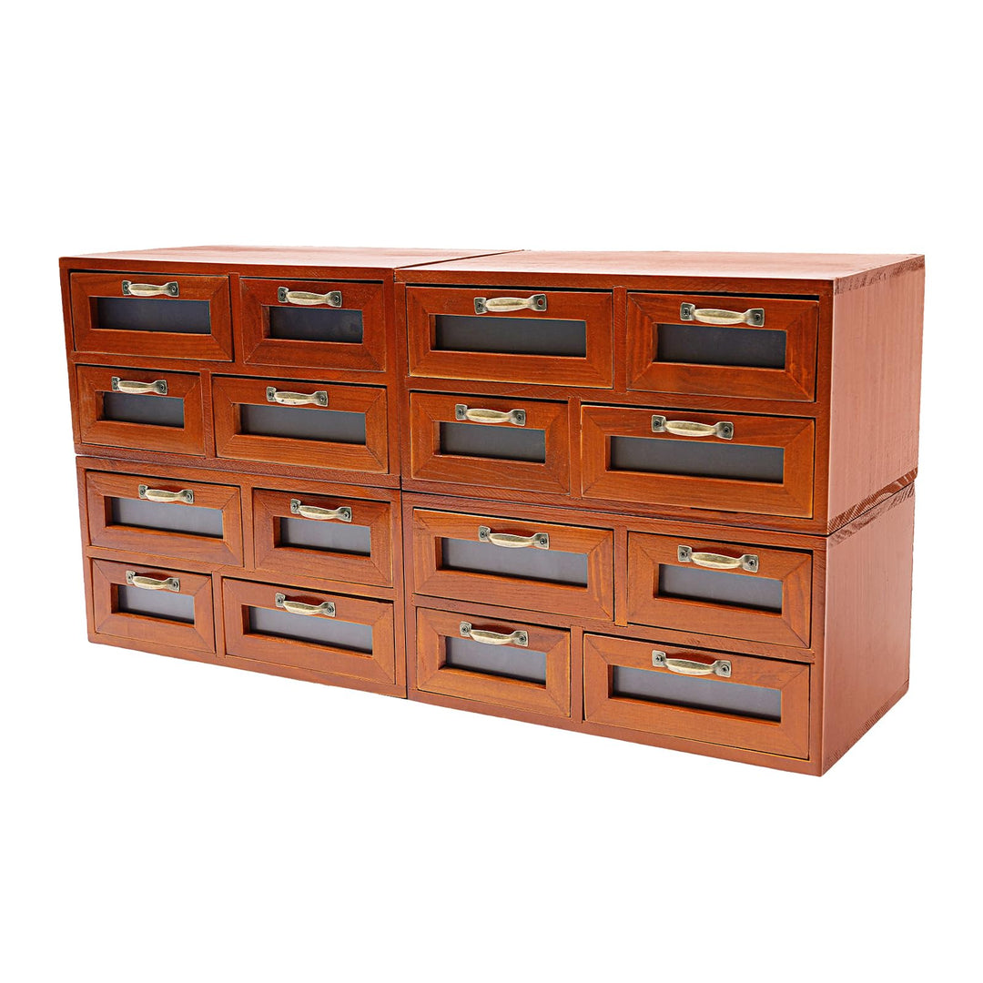4 Stück Vintage Apothekerschrank Holz, 16 Schubladen mit Sichtfenster, Schreibtisch Organizer für Bü