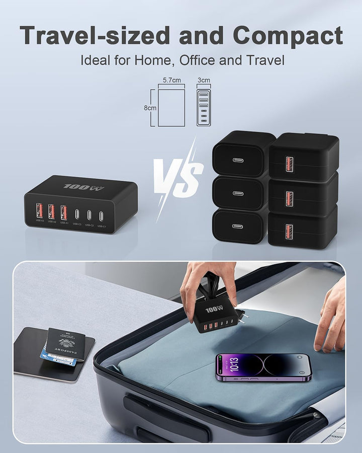 USB C Ladegerät, 100W 6-Port USBC Stecker Ladestecker USB Schnellladen mit PD und QC, Schnellladeger