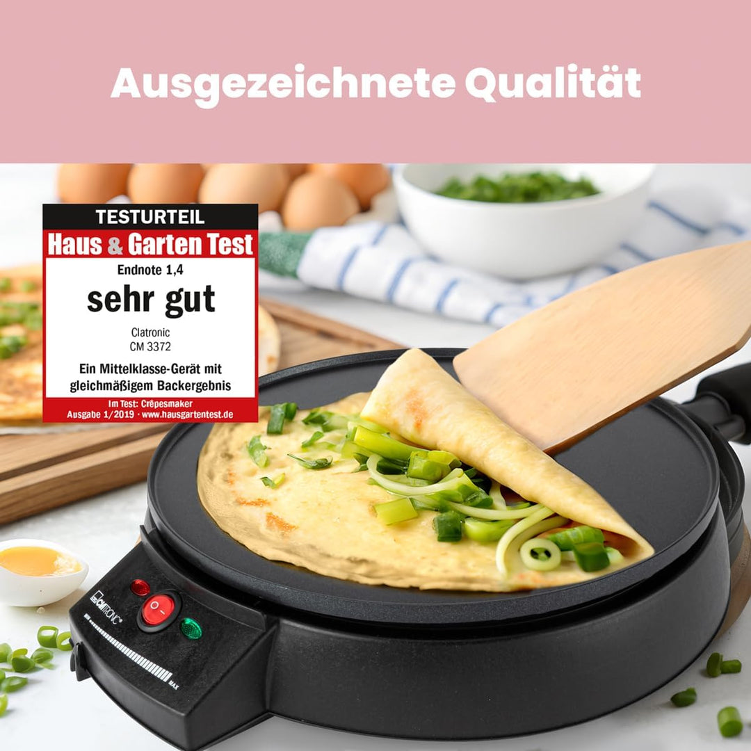 Clatronic CM 3372 Crepe-Maker, antihaft-beschichtete Platte: Ø 29 cm, Set inkl. Teigverteiler, Crepe