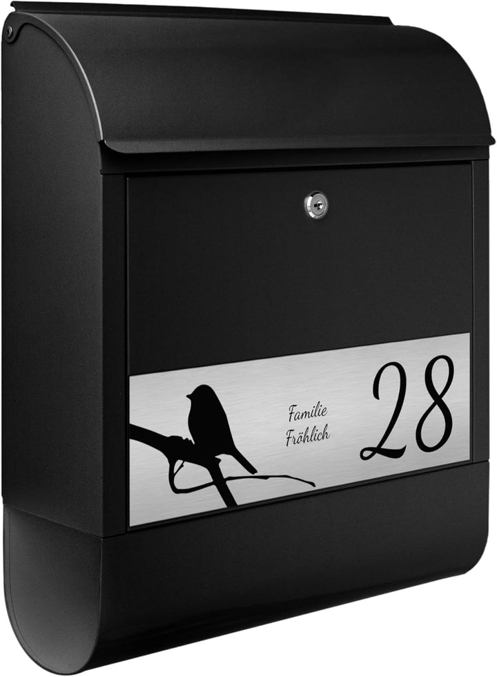 banjado® Briefkasten personalisiert mit graviertem Namensschild in Silber/Briefkasten schwarz 39x47x