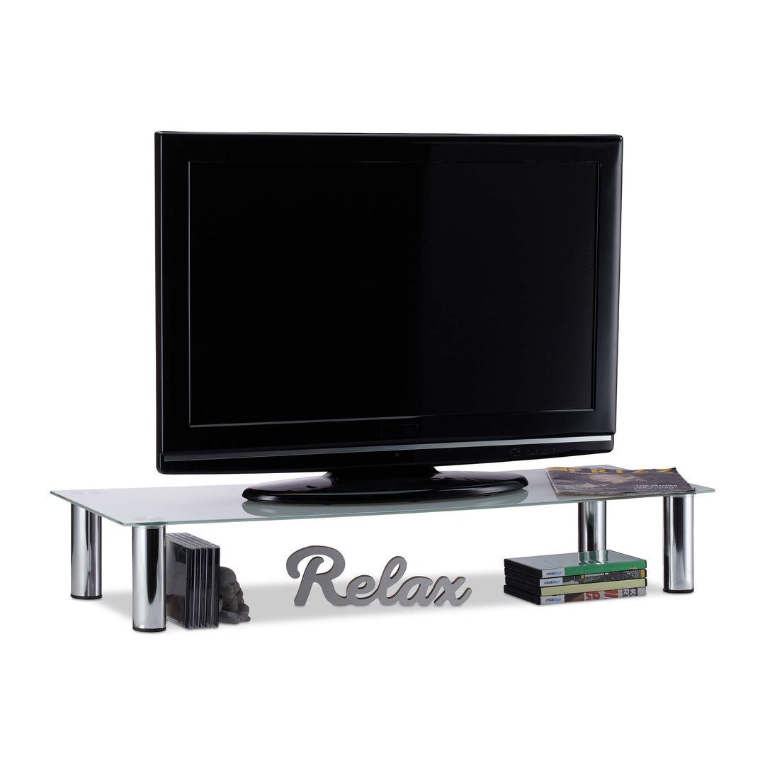 Relaxdays, weiss/Silber TV-Tisch Glas, verchromte Metallbeine, Bildschirmerhöhung, rechteckig, Glasa