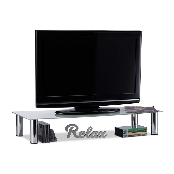 Relaxdays, weiss/Silber TV-Tisch Glas, verchromte Metallbeine, Bildschirmerhöhung, rechteckig, Glasa