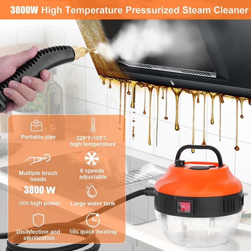 3800W Handdampfreiniger, 6 Geschwindigkeitsstufen, 1L Wassertank Steam Cleaner, Dampfreiniger Handge