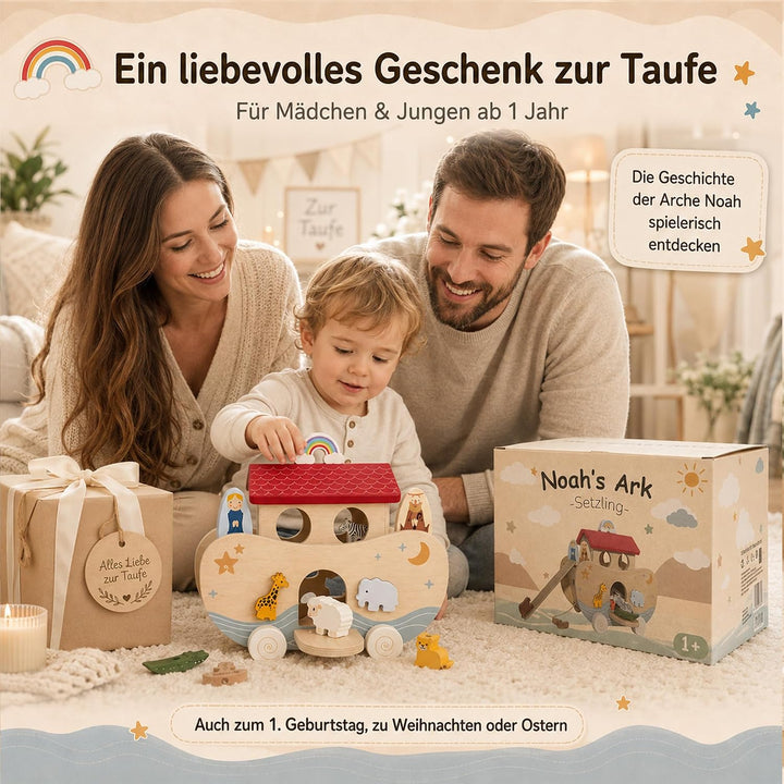 Arche Noah Holz, Montessori Spielzeug und Taufgeschenk ab 1 Jahr | Liebevolles Taufgeschenk: Arche N