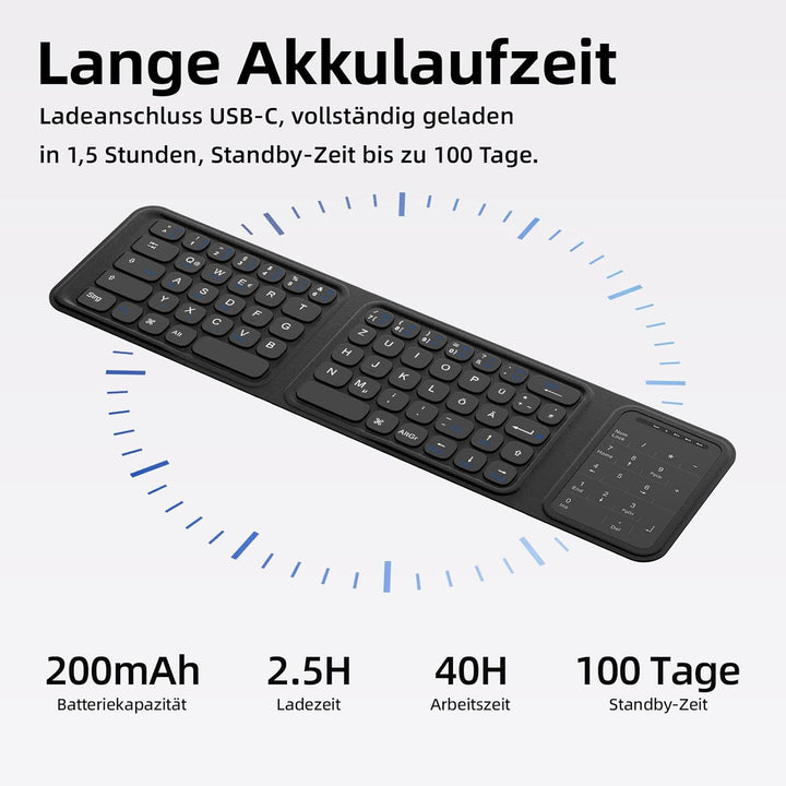 Bettdow Bluetooth Faltbare Tastatur mit Touchpad, QWERTZ Layout Kabellose Tragbare Mini Tastatur mit