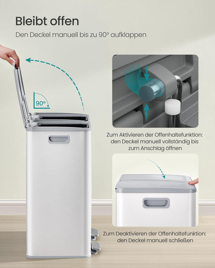 SONGMICS Mülleimer Küche, 2 x 30 Liter, 2 Fächer, Abfalleimer, Tretmülleimer, Küchenmülleimer mit So