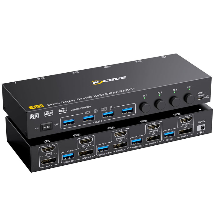 KVM Switch 4 PC 2 Monitore Displayport HDMI, USB 3.0 KVM Switch 4 PC 2 Monitore 8K@60Hz 4K@144Hz tei