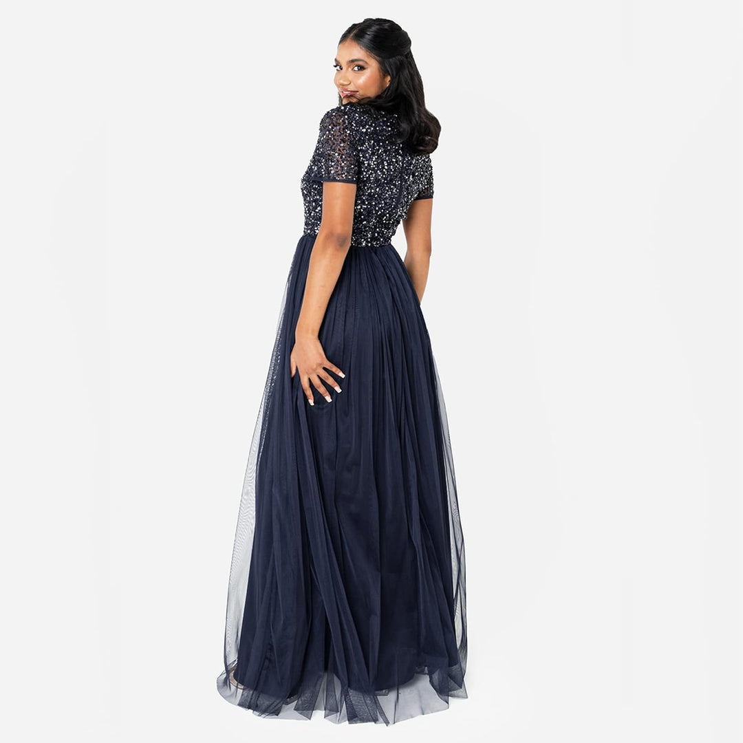 Maya Deluxe Damen Maya Deluxe V Neckline Embellished Maxi Kjole Brautjungfernkleid, Navy, 54 EU