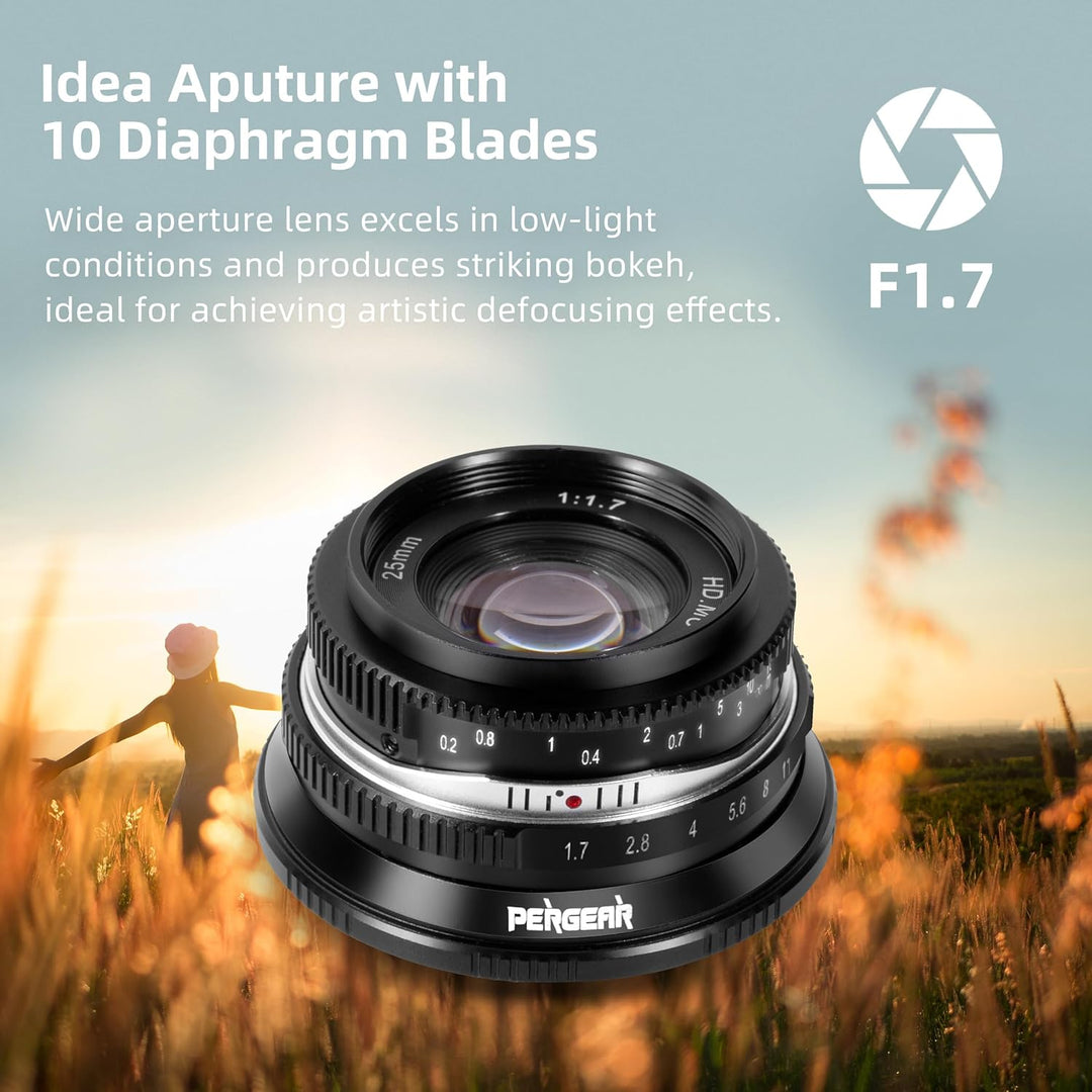 Pergear 25mm F1.7 Objektiv X Mount für Fujifilm, Manueller Fokus mit Grosser Blende Objektiv Fuji X