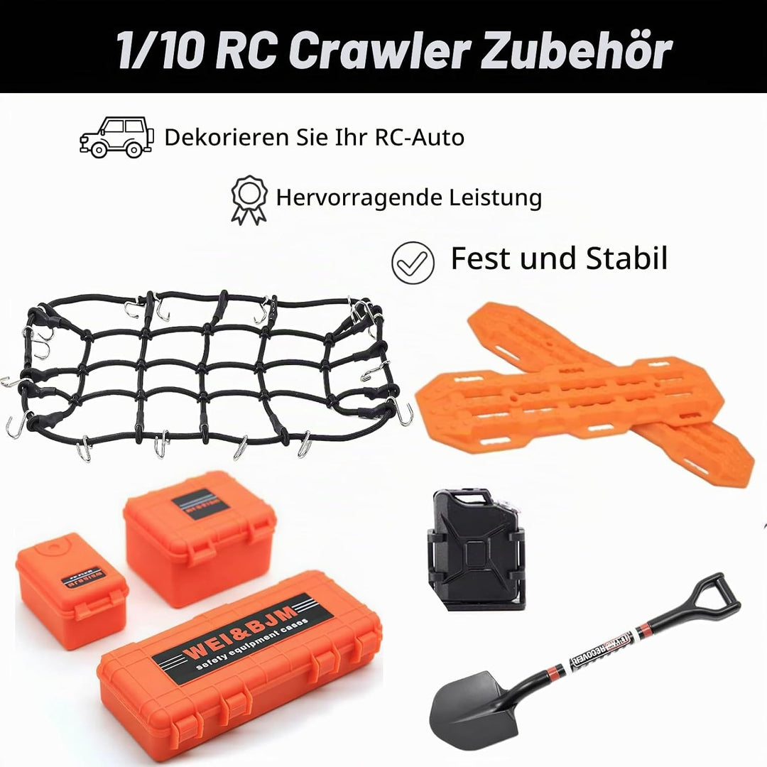 RC Crawler Zubehör, 1/10 Truck Dachträger Rc Zubehör Set 8 in 1 Tankaufbewahrungsbox, Gepäcknetz, Sc