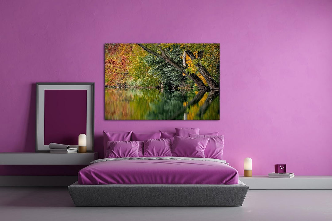 deyoli Bäume am Seeufer im Herbst Format: 80x60 als Leinwand, Motiv fertig gerahmt auf Echtholzrahme