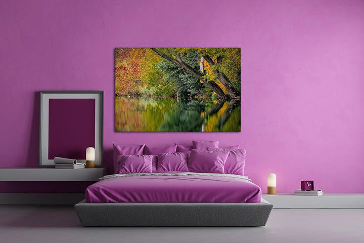 deyoli Bäume am Seeufer im Herbst Format: 80x60 als Leinwand, Motiv fertig gerahmt auf Echtholzrahme