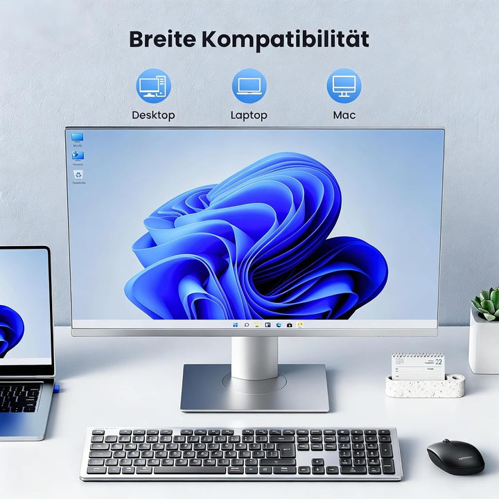 TECKNET Tastatur Maus Set Kabellos, 2.4G Wiederaufladbare Maus und Tastatur | Fullsize Deutsch QWERT