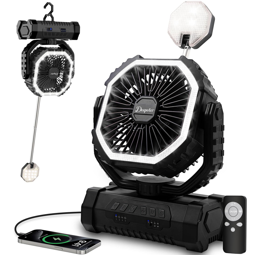 Camping Ventilator 20000mAh, Wiederaufladbarer Tischventilator USB Ventilator mit LED Licht & Haken,
