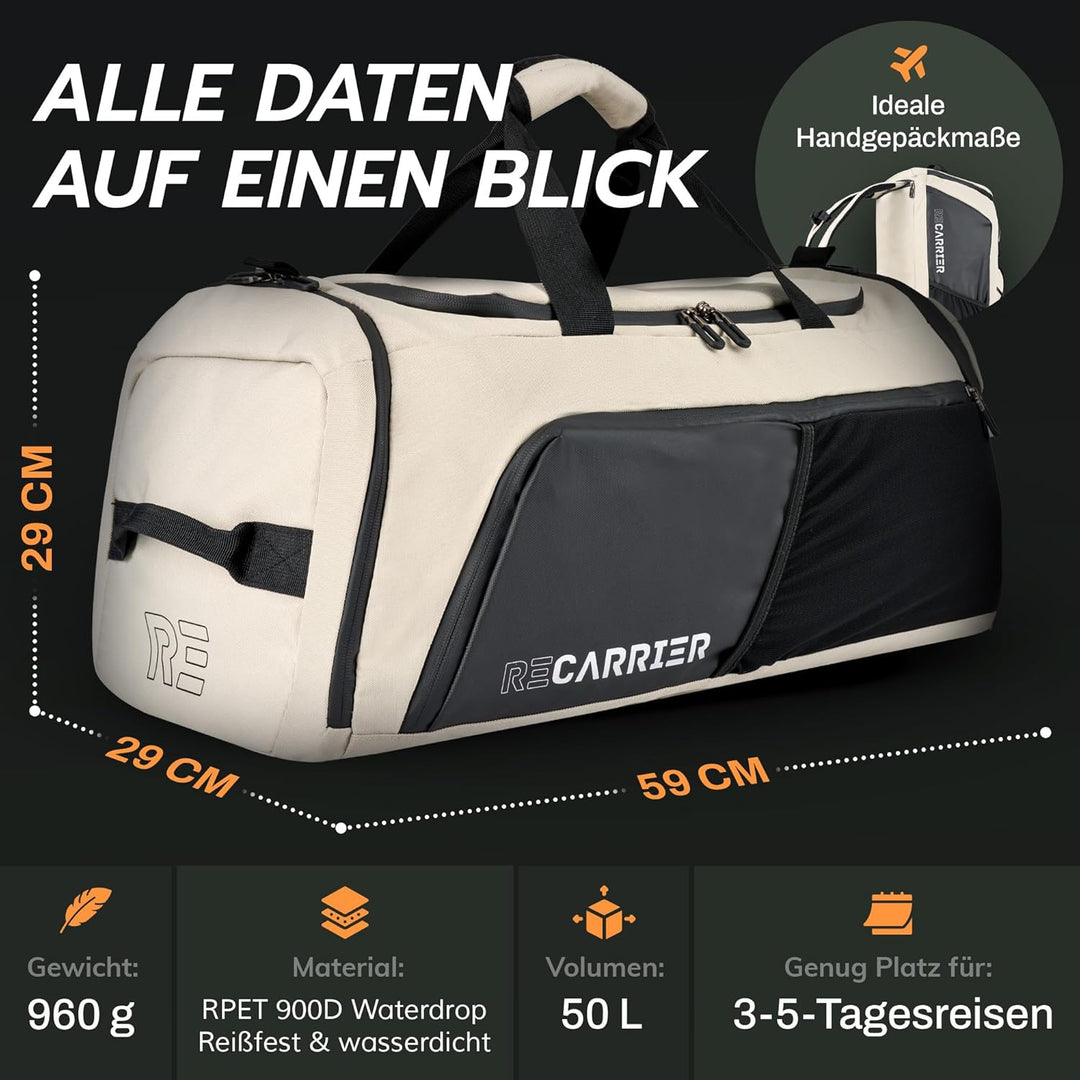 Sporttasche [RECYCELTES PET] 50L –Gym Bag und Rucksack in Einem –wasserdichte Trainingstasche Herren