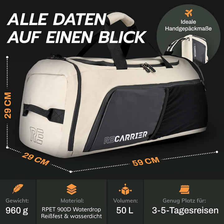 Sporttasche [RECYCELTES PET] 50L –Gym Bag und Rucksack in Einem –wasserdichte Trainingstasche Herren