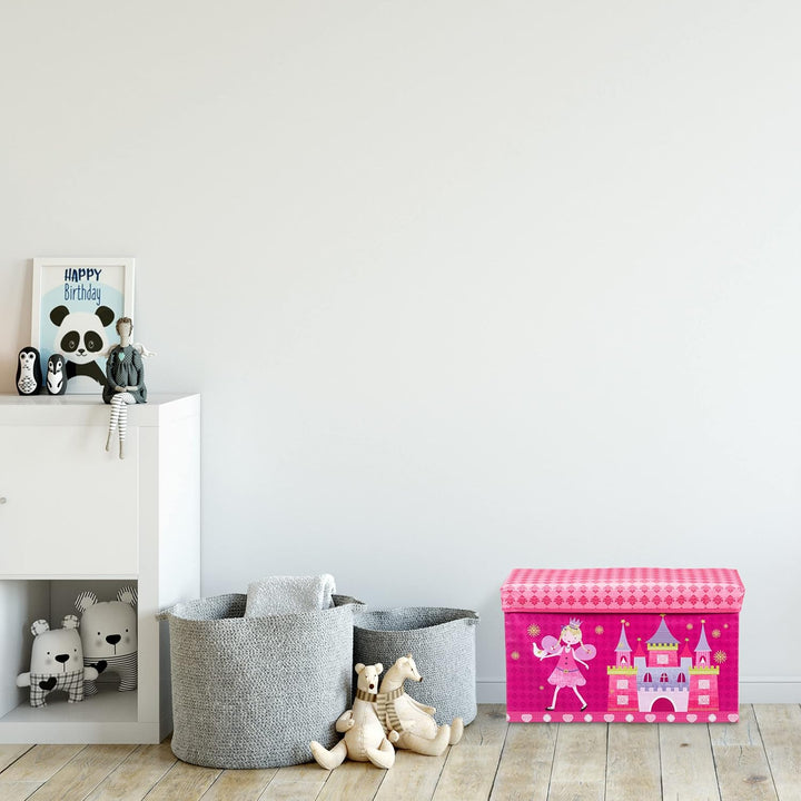 Relaxdays Sitzbox Kinder, Faltbare Aufbewahrungsbox mit Stauraum, Deckel, Prinzessin &amp; Fee, 50 Liter