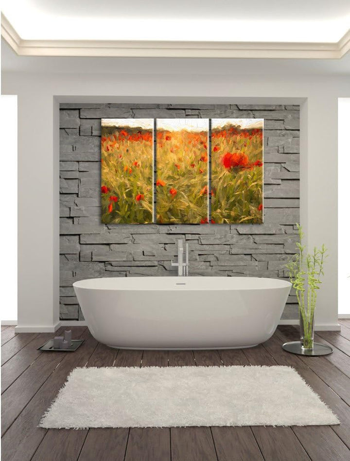 Pixxprint Mohnfeld bei Sonnenuntergang als Leinwandbild/Grösse: 3 Teilig (120x80 cm) cm/Wandbild/Kun