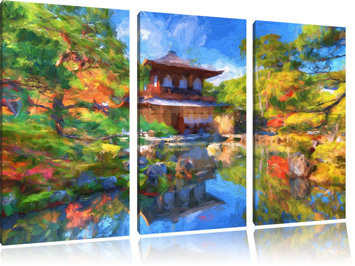 Pixxprint Ginkaku-ji-Tempel in Kyoto Kunst Pinsel Effekt 3-Teiler Leinwandbild 120x80 Bild auf Leinw