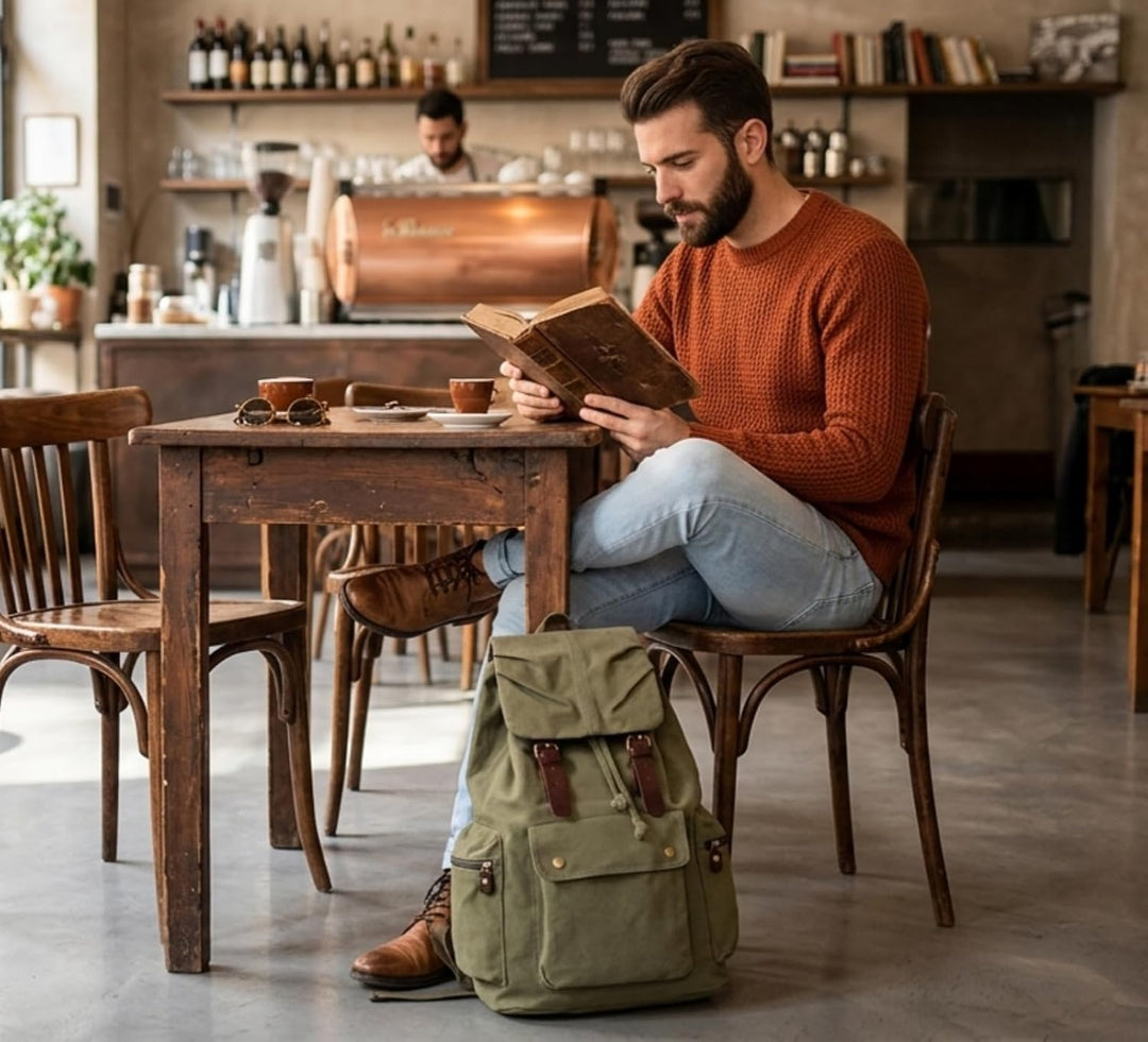 DRF Rucksack aus Canvas im Vintage Stil mit Leder Zubehör 