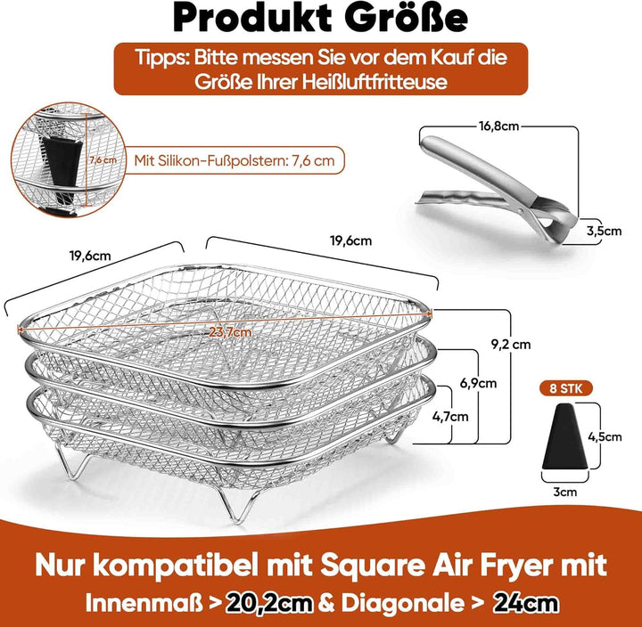 Onader Heissluftfritteuse Zubehör, 3-tlg Edelstahl Eckig Frittierkorb Grillrost für Airfryer, Airfry