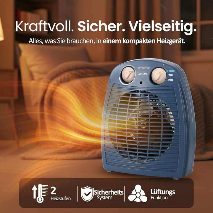 EMERIO Heizlüfter 2000W | klein leicht kompakt portabel | für ca. 25m² | 2 Heizleistungen + Ventilat