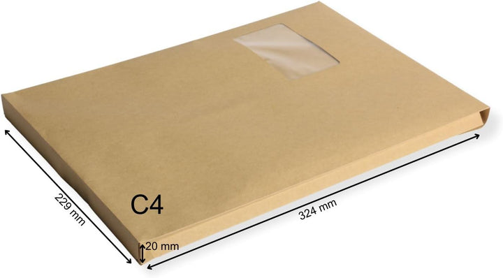 250 St. DIN C4 Faltenversandtaschen mit Fenster braun Stehboden und 20 mm Falte 130 gr. Kuvert 229x3