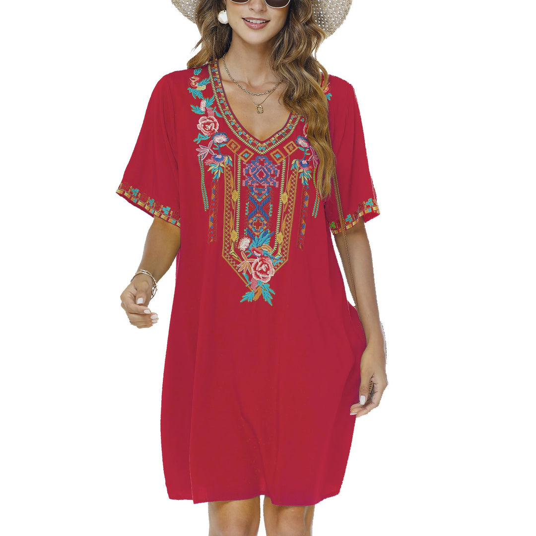 Vakakado Frauen Sommer Boho Mexican Peasant Dress Kurzarm Floral Bestickte Flowy Kleider Lose Hippie