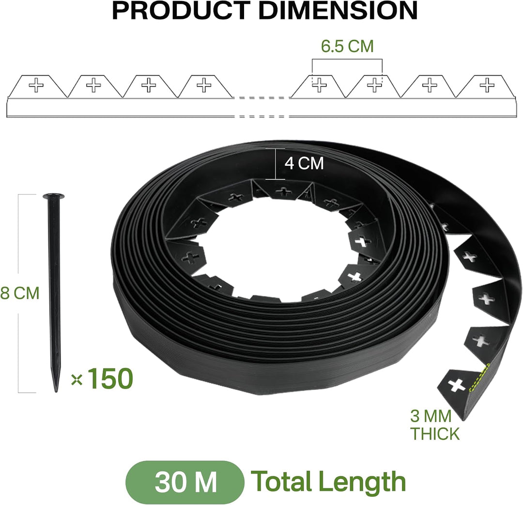 Flexible Rasenkante aus Kunststoff, 30 m (3 x 10 m), 4 cm hohe Landschaftskante, einfache Installati