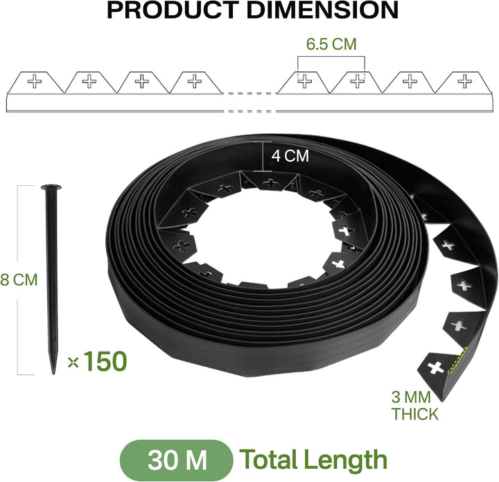 Flexible Rasenkante aus Kunststoff, 30 m (3 x 10 m), 4 cm hohe Landschaftskante, einfache Installati