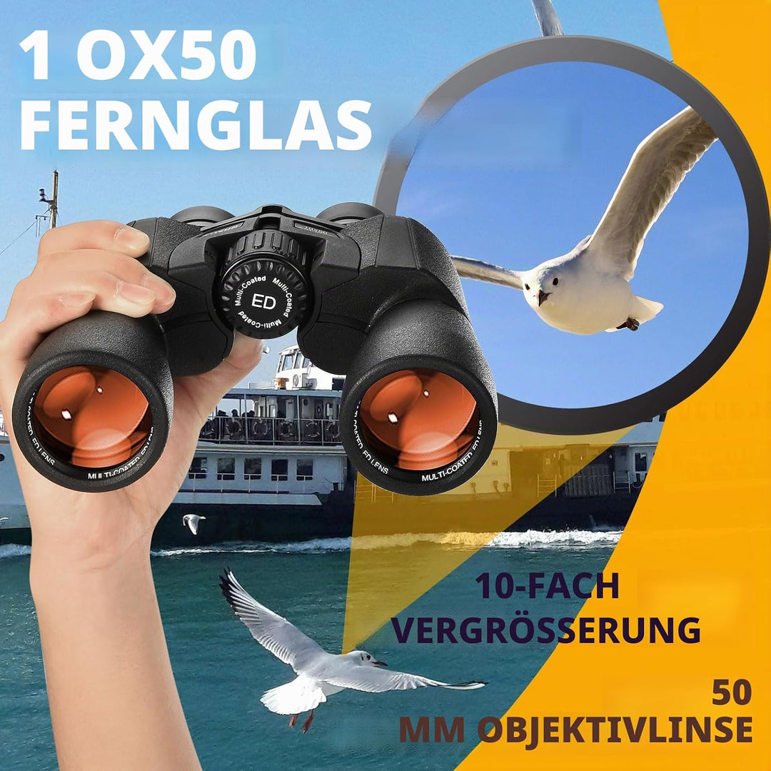 LUXUN Fernglas 10x50, Fernglas für Erwachsene mit Trageriemen, Tasche, 22mm ED Augenmuschel, BAK4 FM