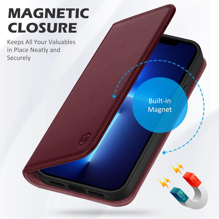 SHIELDON Hülle für iPhone 13, Praktische Handyhülle [3 Kartenfächer] [Echtes Rindsleder] [Standfunkt