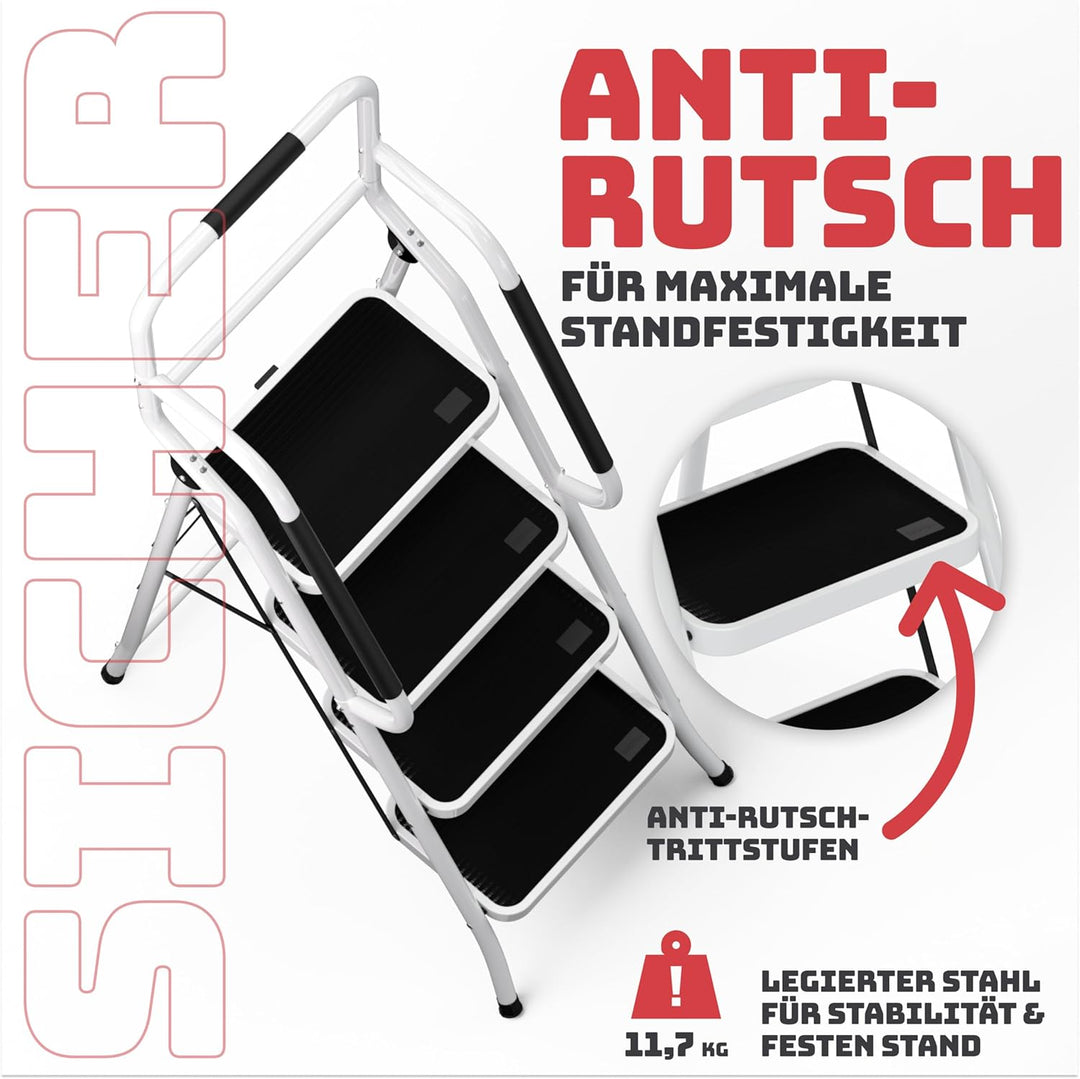 Sicherheitsleiter 4 Stufen Klappbar I TÜV Rheinland Zertifiziert I Belastbar bis 150kg I Anti-Rutsch