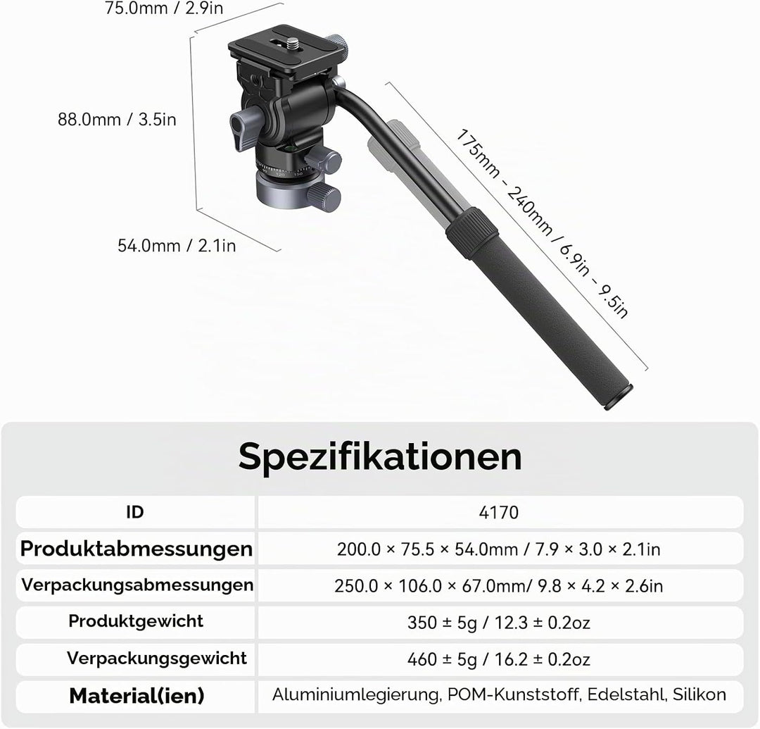 SMALLRIG Stativ Fluid Videokopf Video Head Mount Plate CH20 mit Schnellwechselplatte für Arca Swiss，