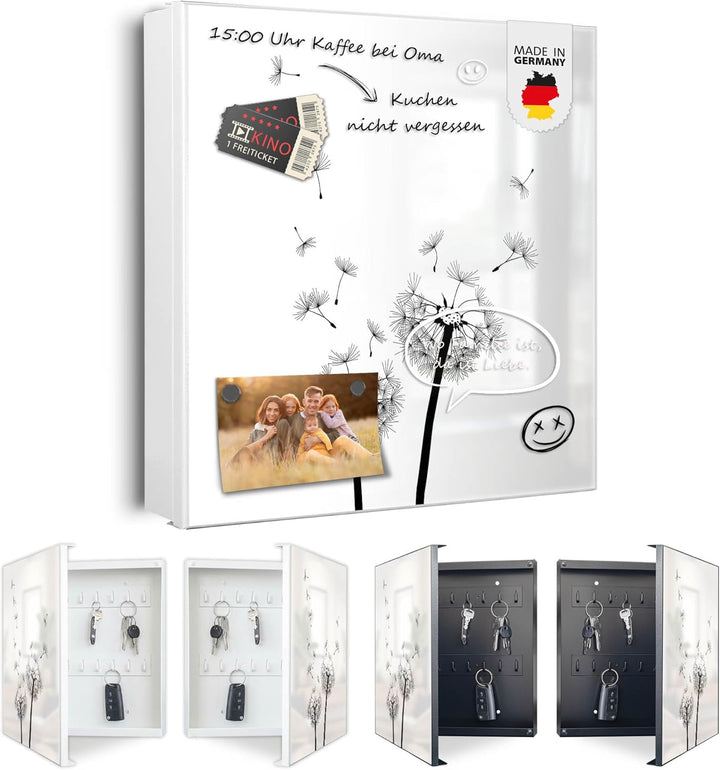 banjado® Grosser Schlüsselkasten Glas/Schlüsselbox 30cm x 30cm mit 50 Haken - Motiv Pusteblume 2 / S