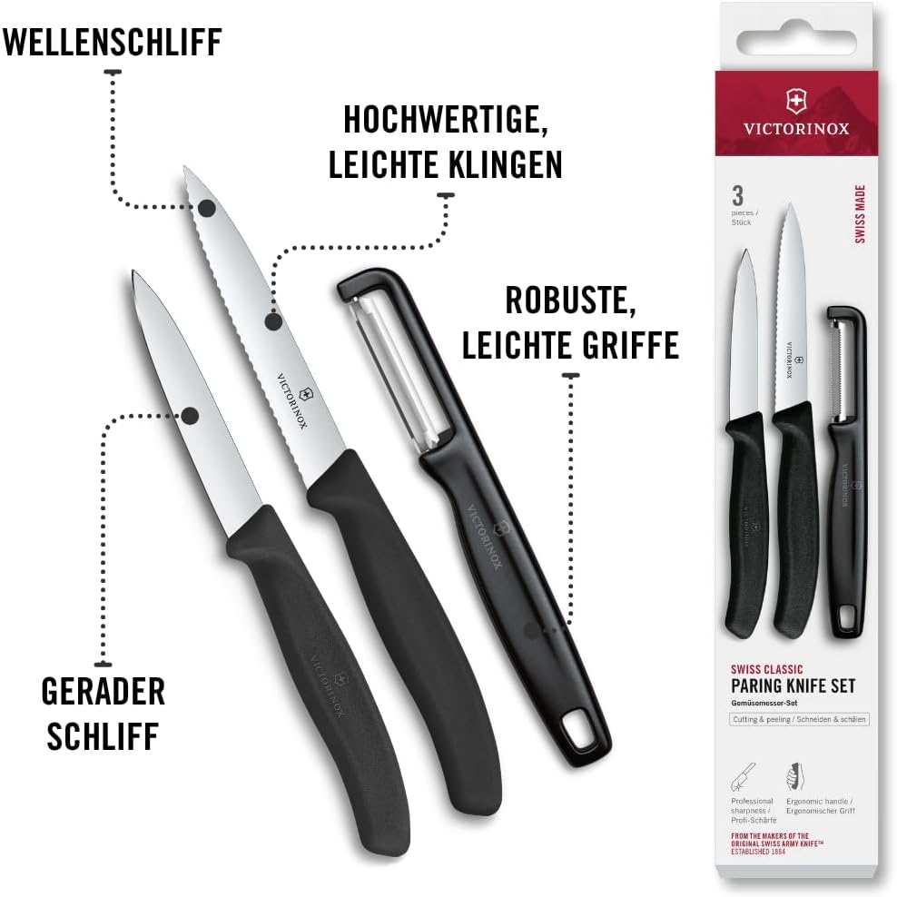 Victorinox Swiss Classic Gemüsemesser Set mit Sparschäler, Schälmesser und Tomatenmesser, 3-teilig,