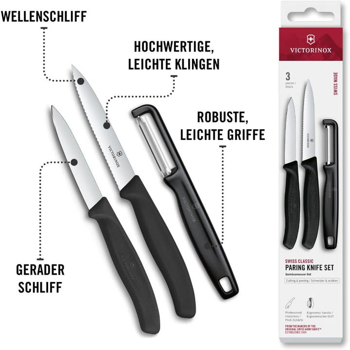 Victorinox Swiss Classic Gemüsemesser Set mit Sparschäler, Schälmesser und Tomatenmesser, 3-teilig,