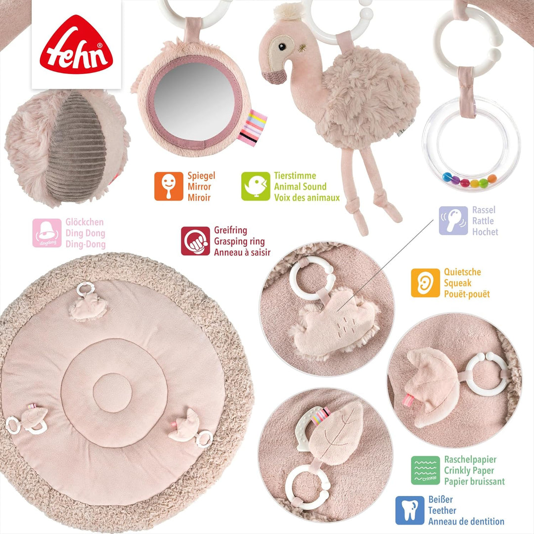 Fehn 3-D-Activity-Decke Flamingo – Spielbogen mit 5 abnehmbaren Spielzeugen für Babys – Spiel & Spas