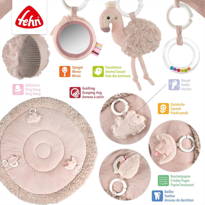 Fehn 3-D-Activity-Decke Flamingo – Spielbogen mit 5 abnehmbaren Spielzeugen für Babys – Spiel & Spas