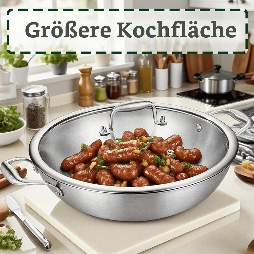 Servierpfannen 32cm,Bräter mit Deckel,Edelstahl Pfanne,Zweihandgriff Dreischicht Edelstahl Kochpfann