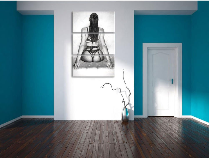 Pixxprint Brünette Frau in sexy Dessous Kunst Kohle Effekt 3-Teiler Leinwandbild 120x80 Bild auf Lei