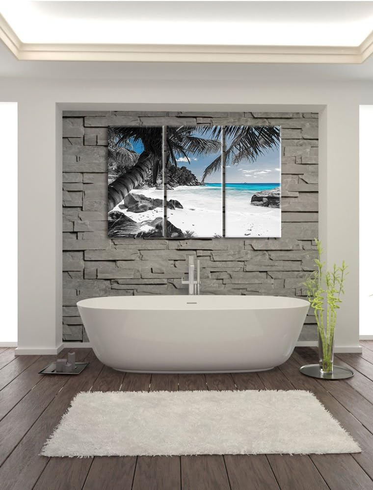 Pixxprint Palmenstrand Seychellen als Leinwandbild | Grösse: 3 Teilig (120x80) | Wandbild| Kunstdruc